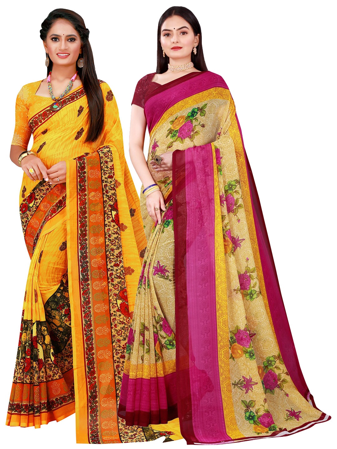 

Florence Women Pack of 2 Beige & Yellow Pure Georgette Saree