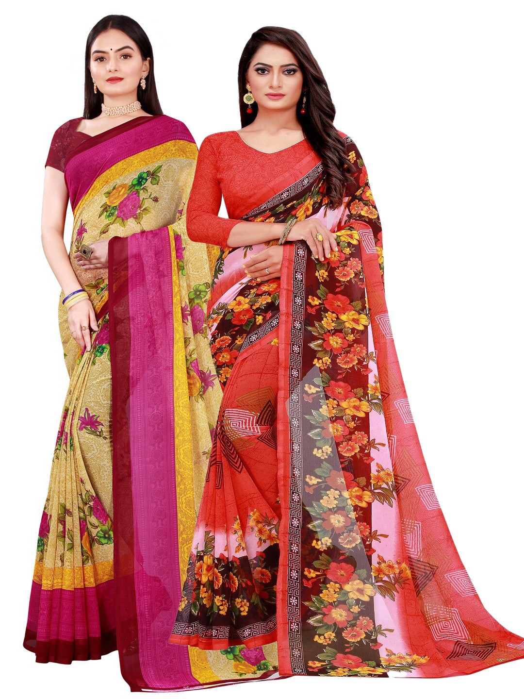 

Florence Pack Of 2 Beige & Red Pure Georgette Saree