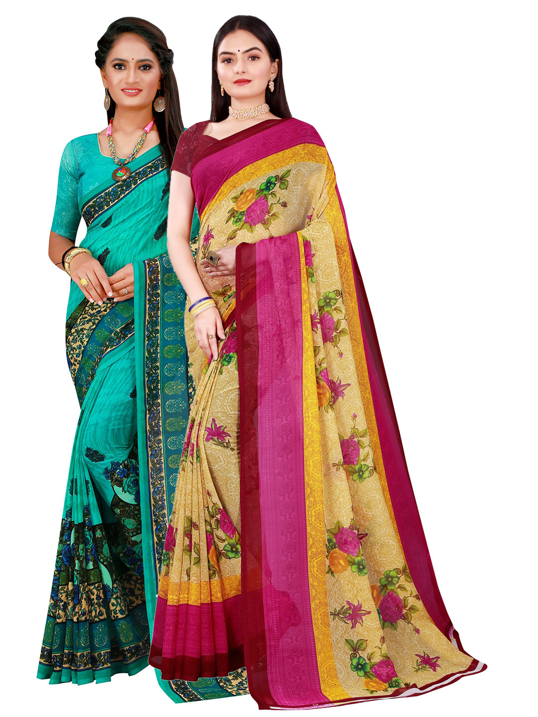 

Florence Pack Of 2 Yellow & Turquoise Blue Pure Georgette Saree