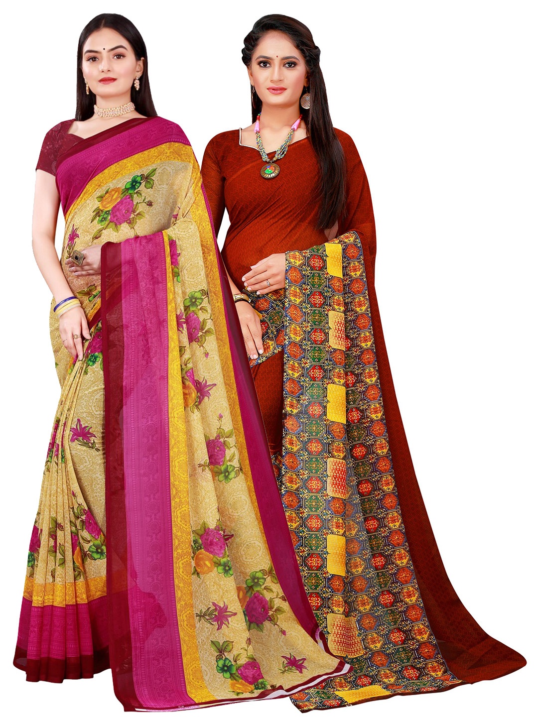 Florence Pack Of 2 Beige & Brown Pure Georgette Saree