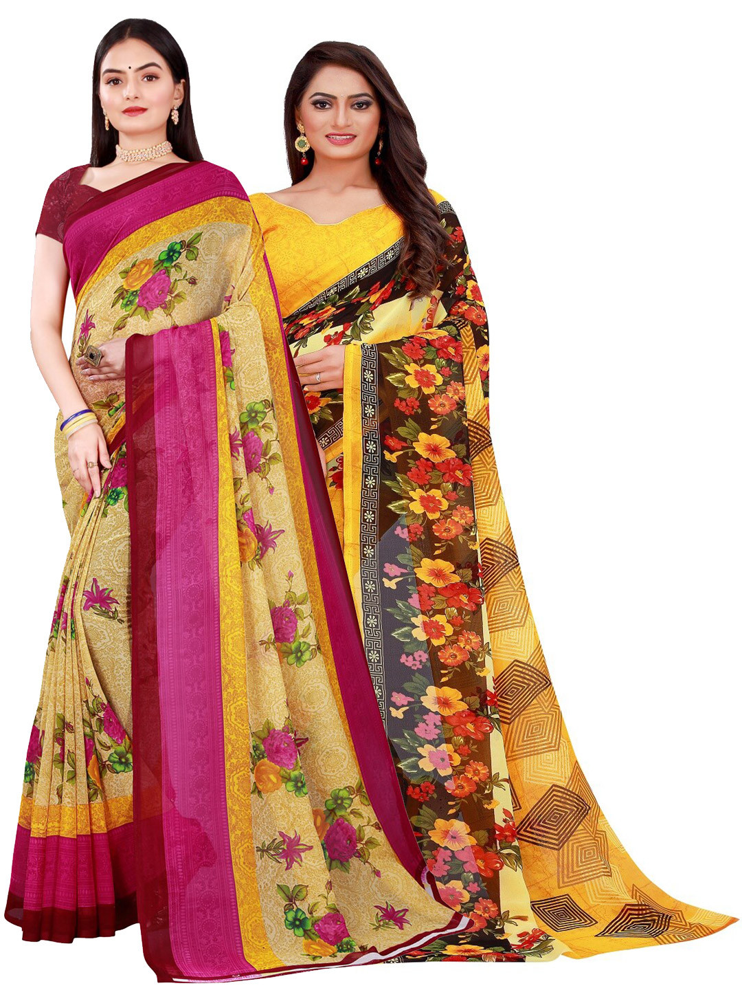 

Florence Yellow & Beige Floral Pure Georgette Saree