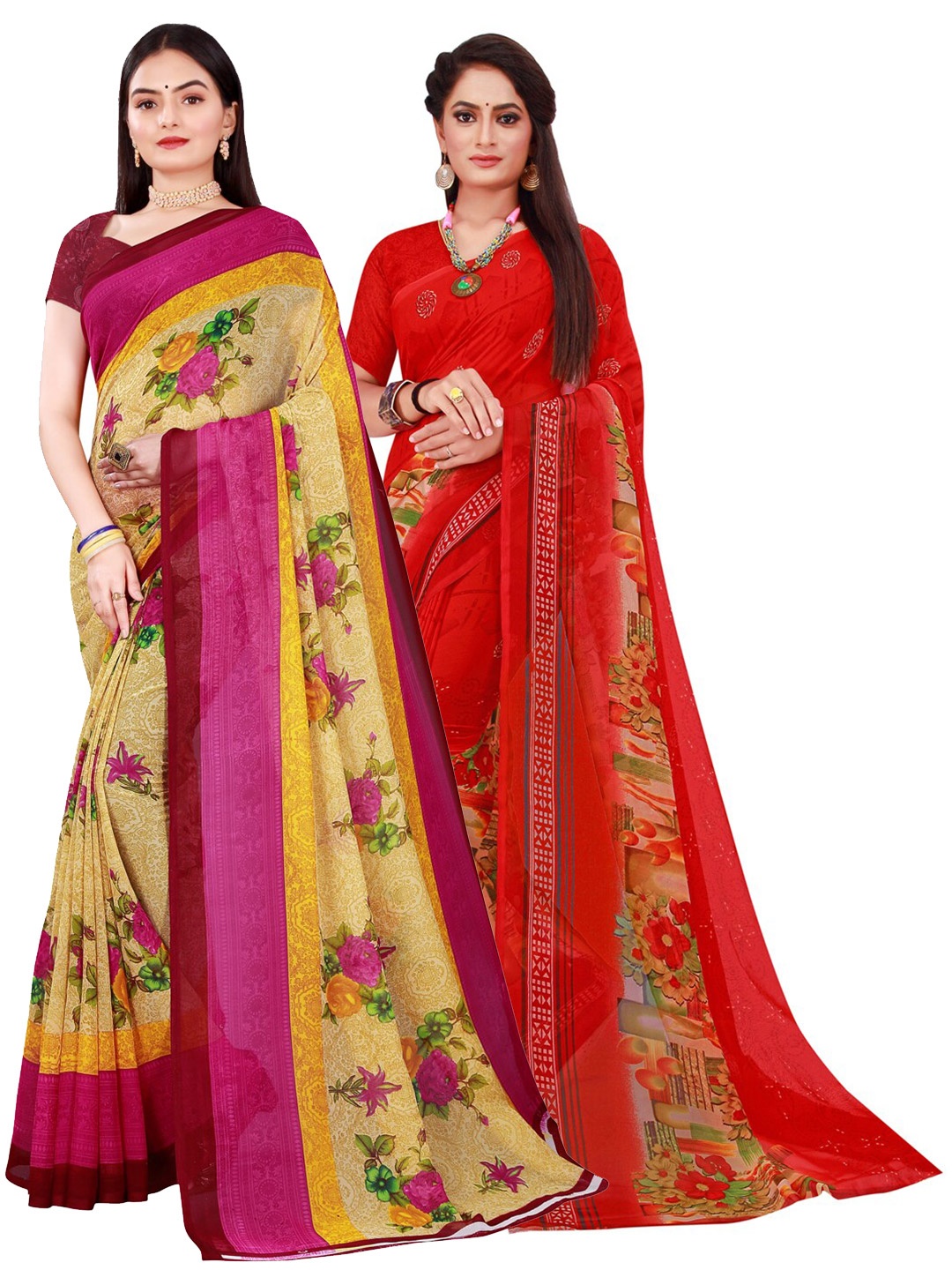 

Florence Beige & Red Floral Pure Georgette Saree