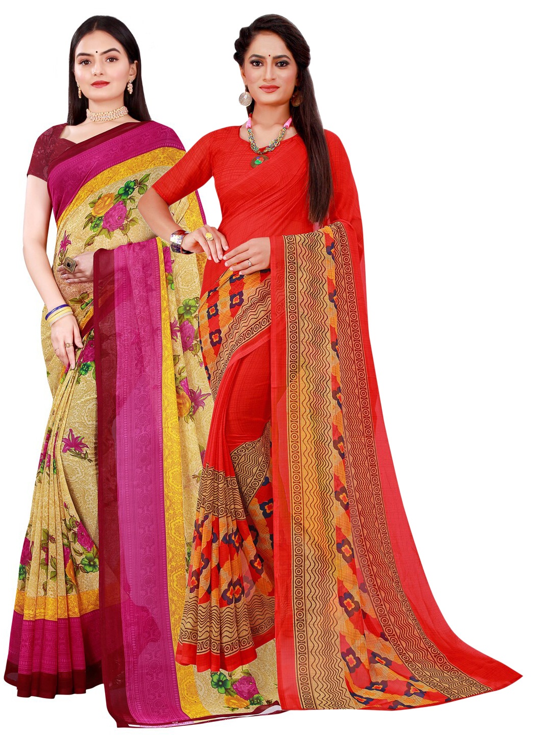 

Florence Red & Beige Floral Pure Georgette Saree