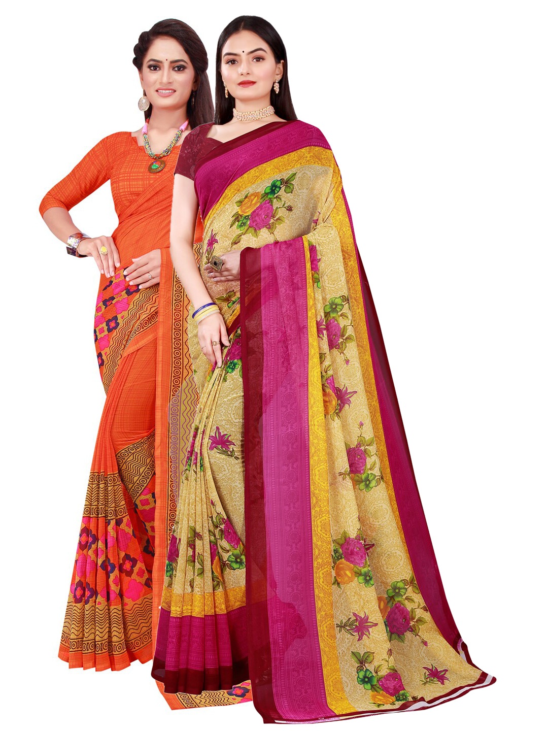 

Florence Orange & Beige Floral Pure Georgette Saree