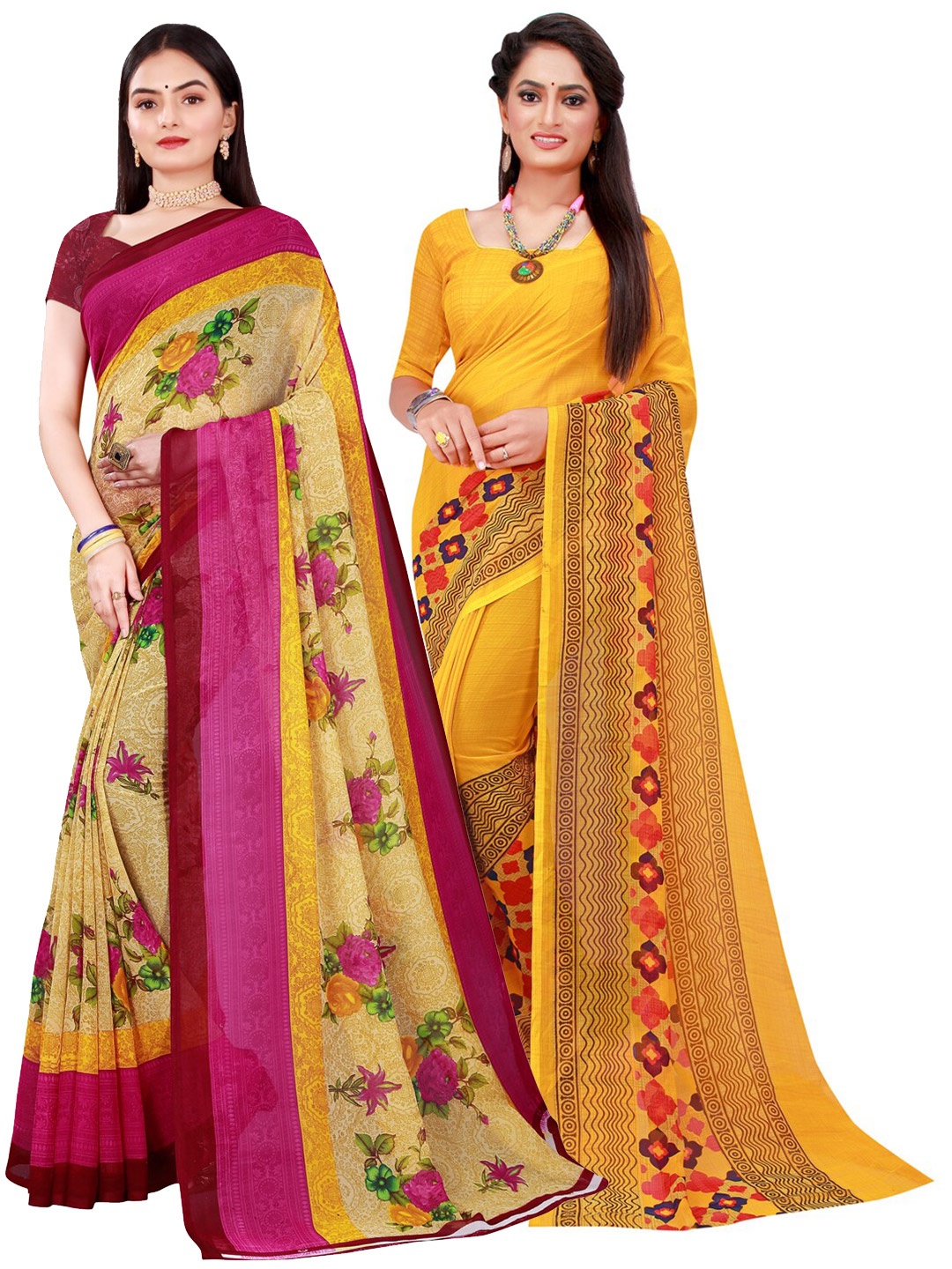 Florence Pack of 2 Printed Georgette Saree, Yellow