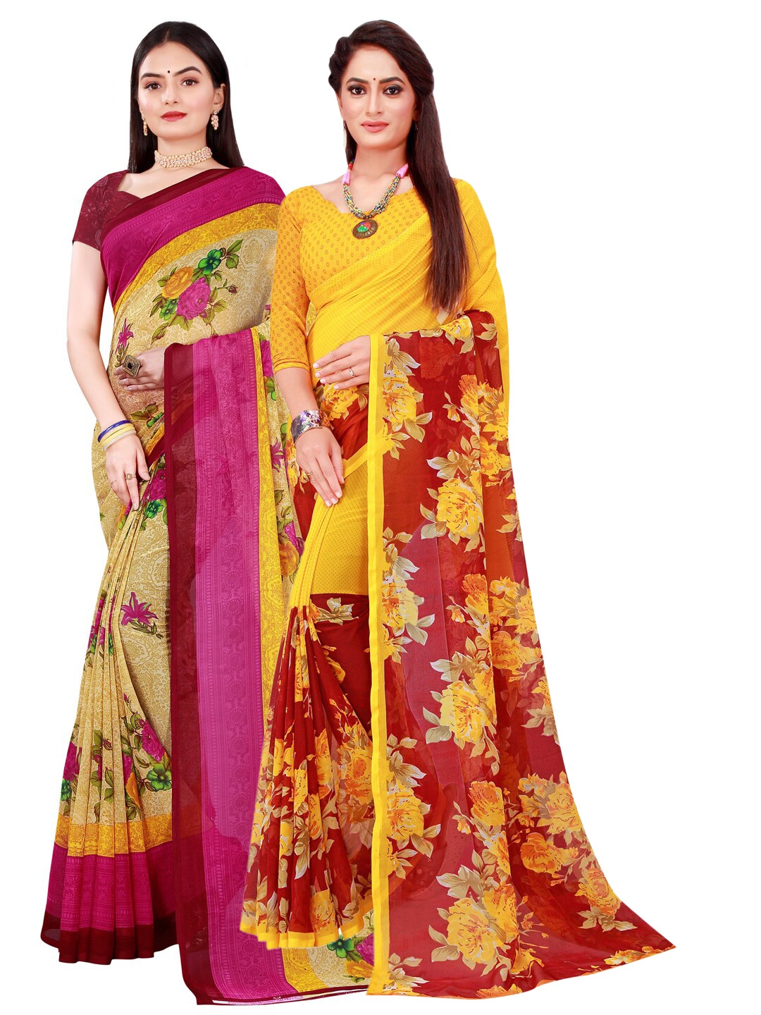 Florence Pack of 2 Printed Georgette Saree, Beige