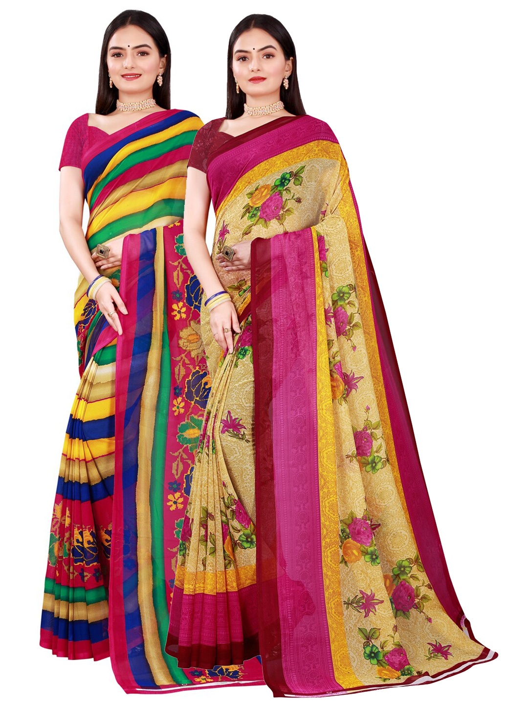 

Florence Beige & Pink Set Of 2 Floral Pure Georgette Saree