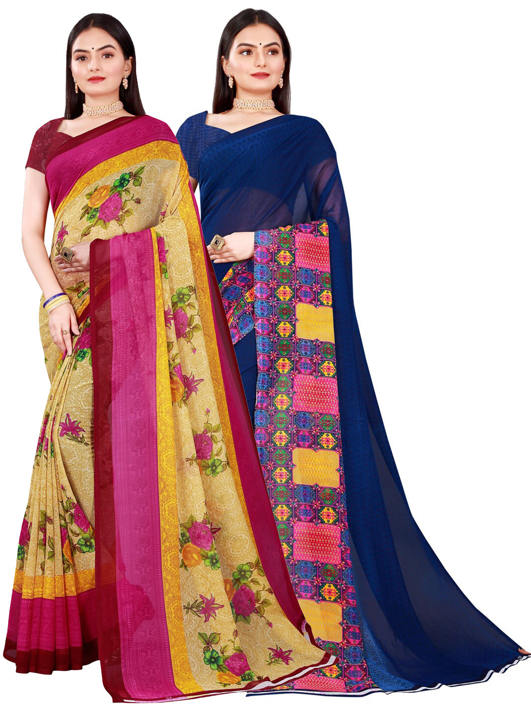 

Florence Beige & Navy Blue Set Of 2 Floral Pure Georgette Saree