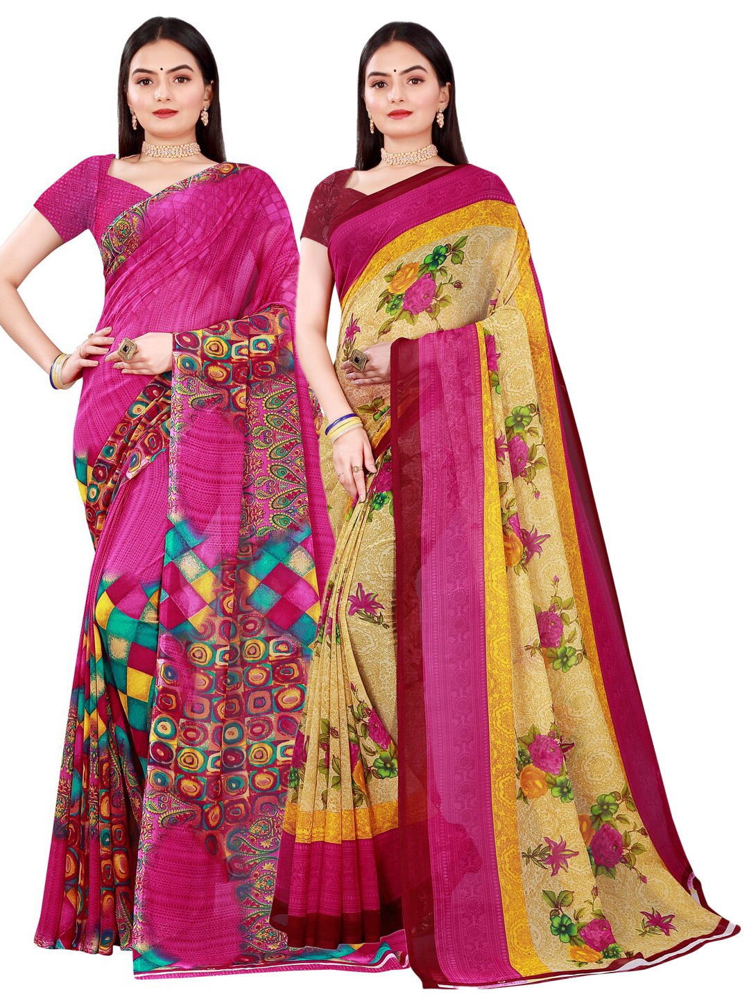 

Florence Magenta & Beige Set Of 2 Floral Pure Georgette Saree