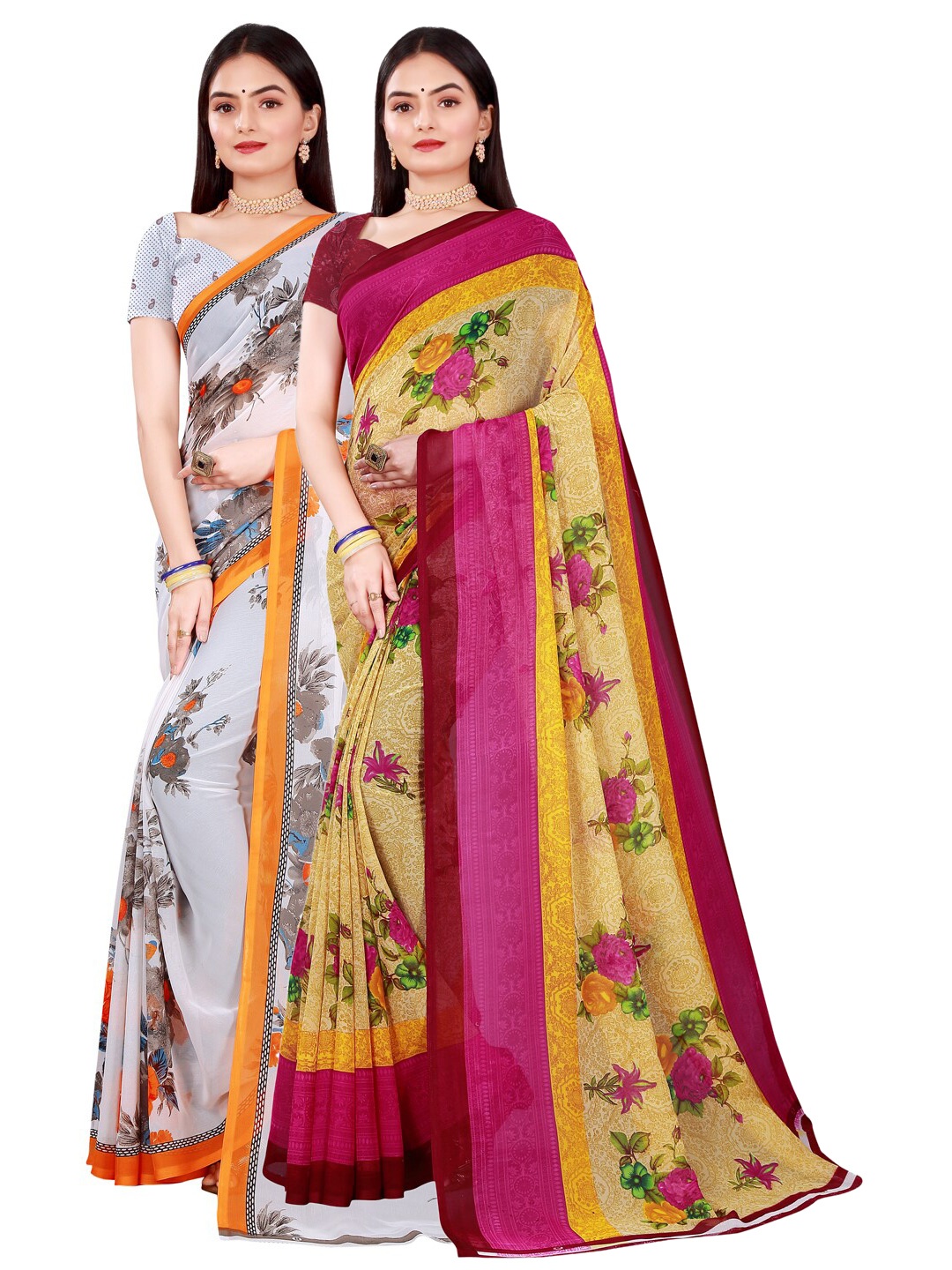 

Florence Beige & White Set Of 2 Floral Pure Georgette Saree