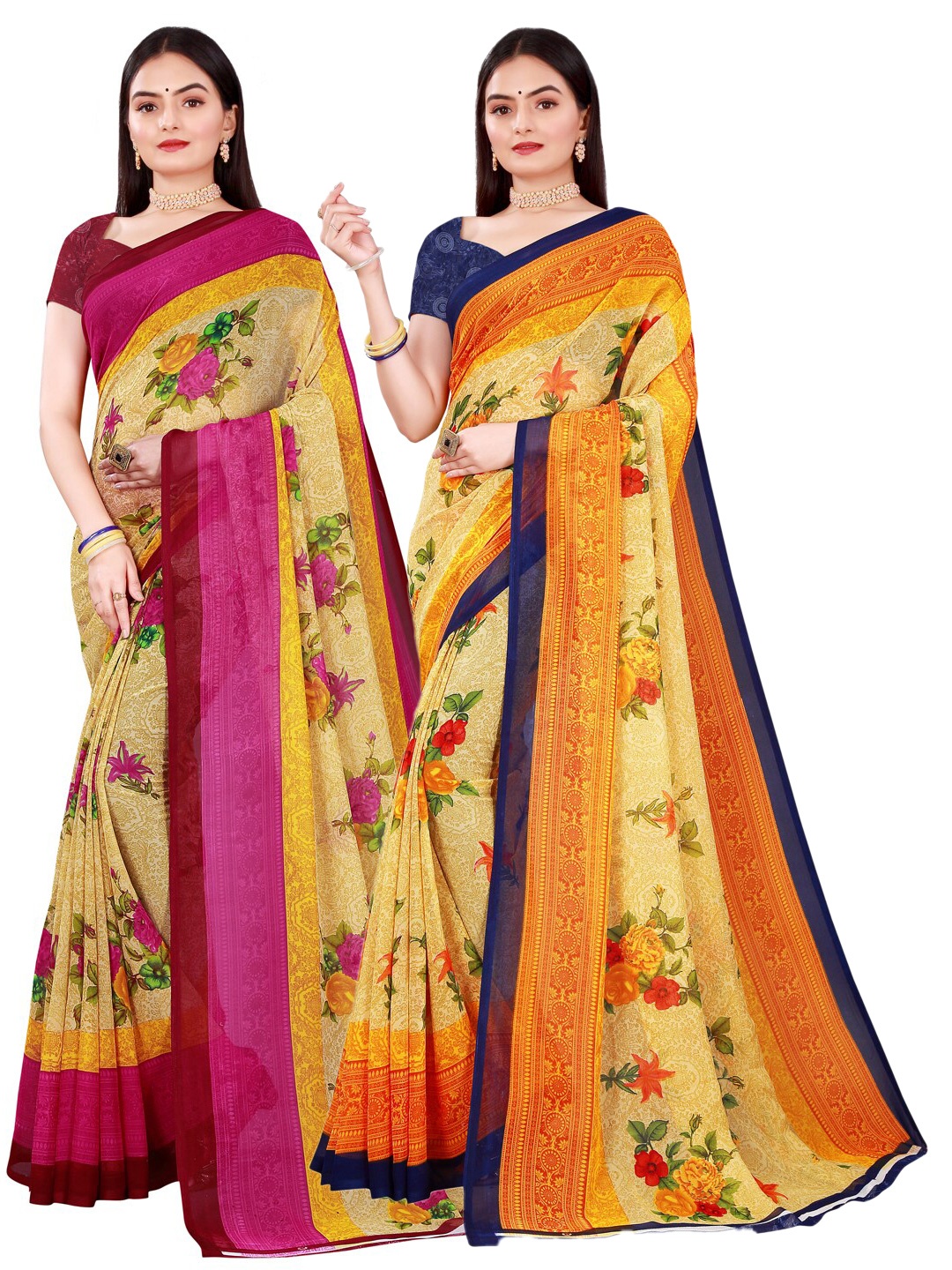 

Florence Beige & Yellow Set Of 2 Floral Pure Georgette Saree