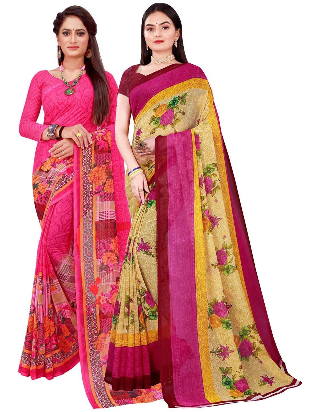 Florence Pink & Beige Pack Of 2 Pure Georgette Saree
