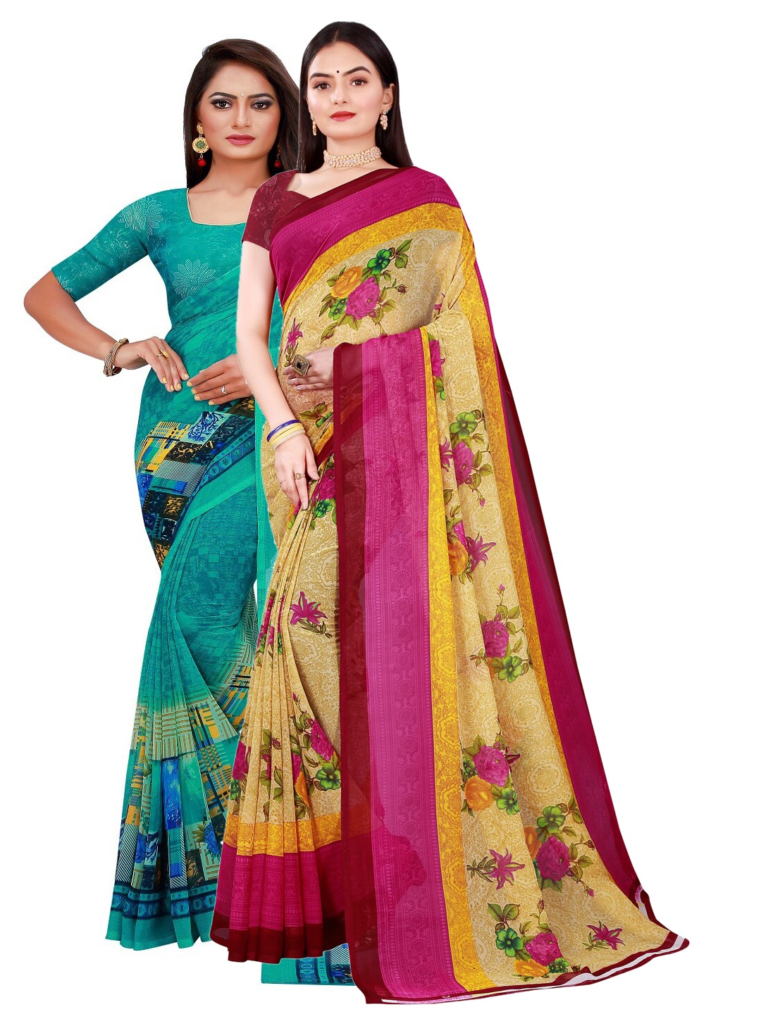

Florence Green & Beige Pack Of 2Pure Georgette Saree