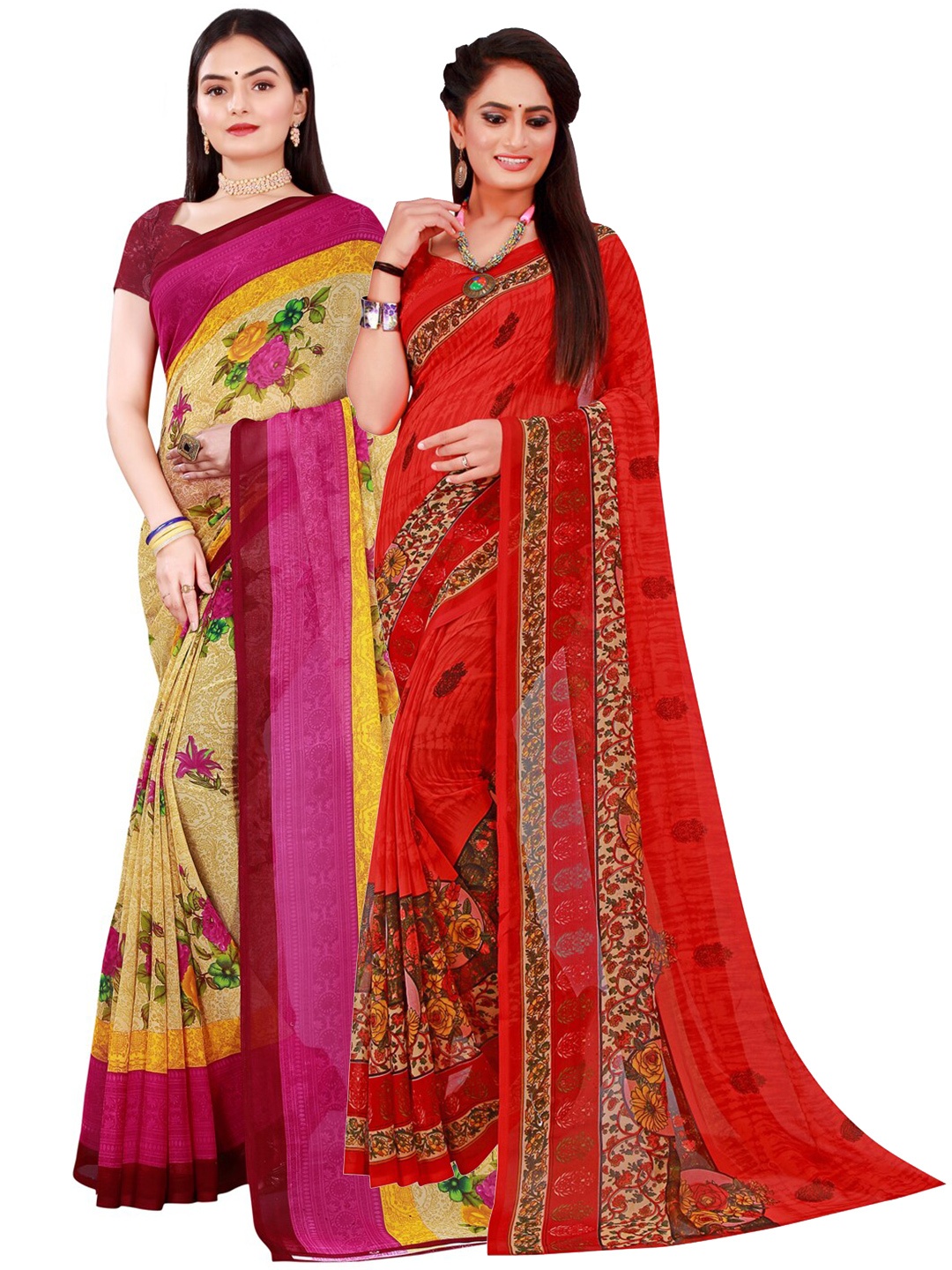 Florence Set Of 2 Beige & Pink Floral Pure Georgette Saree