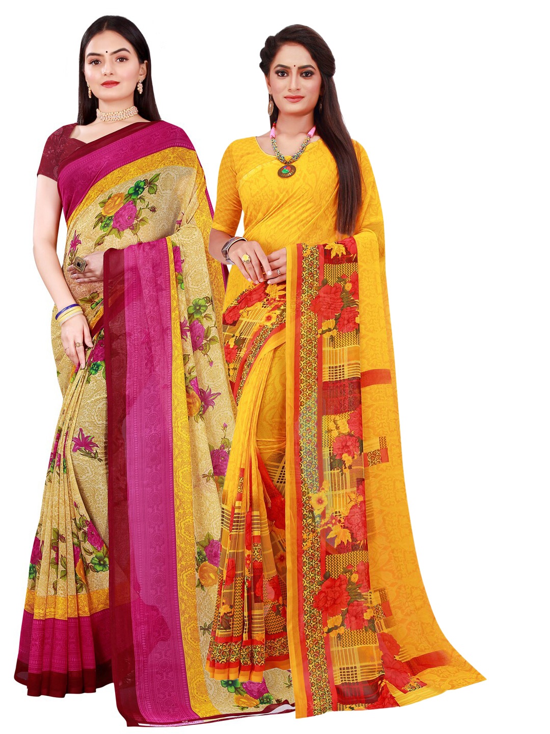 

Florence Set Of 2 Yellow & Beige Floral Pure Georgette Saree