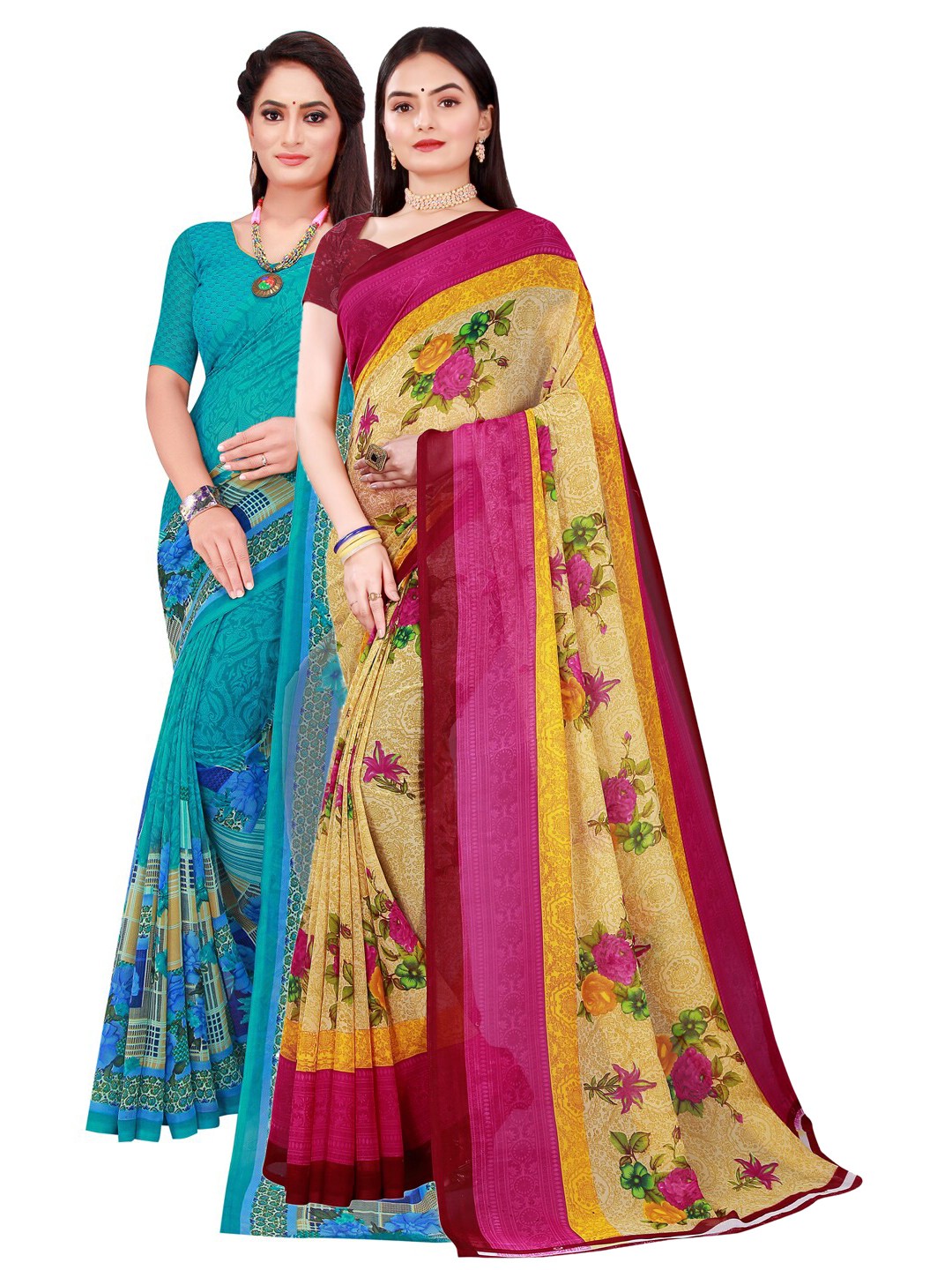 

Florence Set Of 2 Beige & Turquoise Blue Floral Pure Georgette Saree