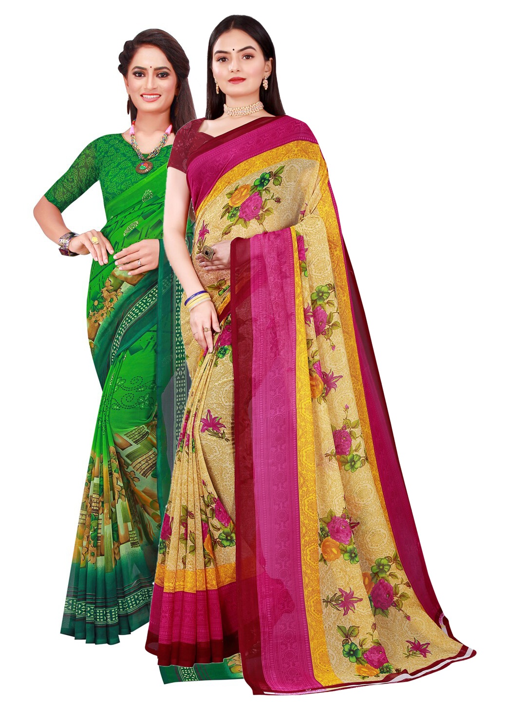 

Florence Set Of 2 Beige & Green Floral Pure Georgette Saree