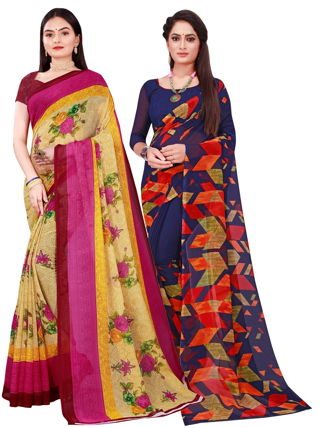 

Florence Pack of 2 Navy Blue & Beige Printed Pure Georgette Saree