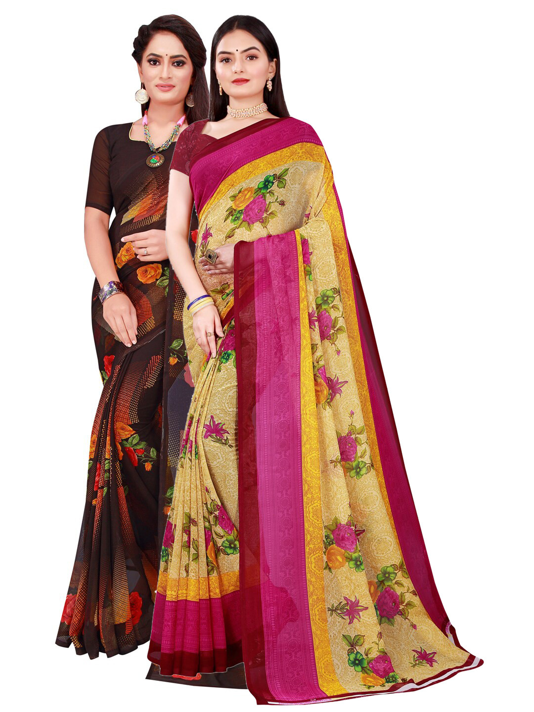 

Florence Pack of 2 Beige & Brown Floral Printed Pure Georgette Saree