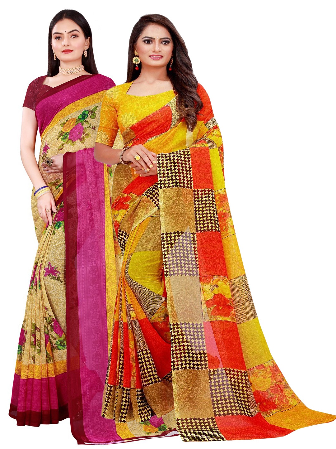 

Florence Beige & Yellow Printed Pure Georgette Saree