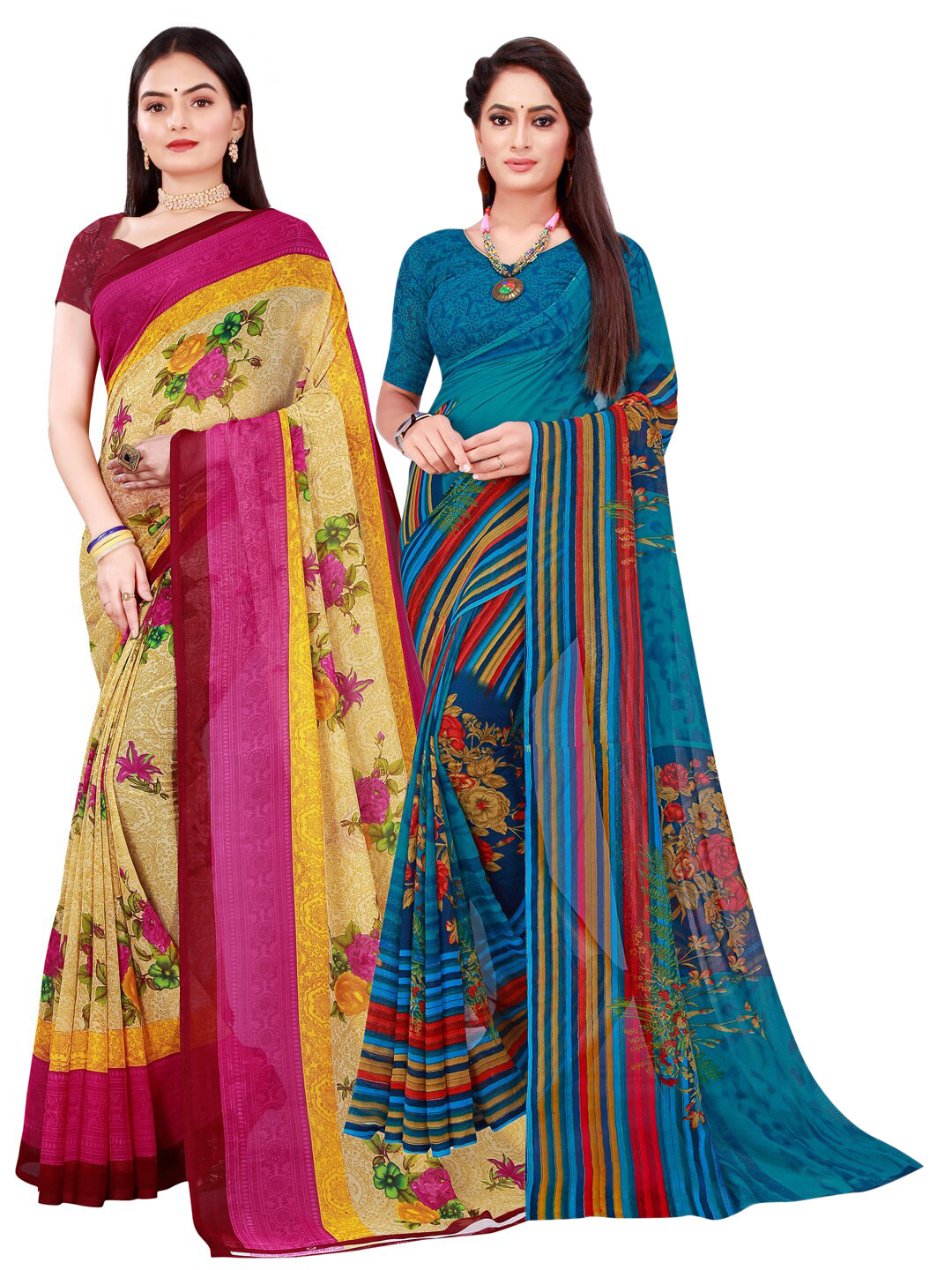 

Florence Pack of 2 Beige & Blue Printed Pure Georgette Saree