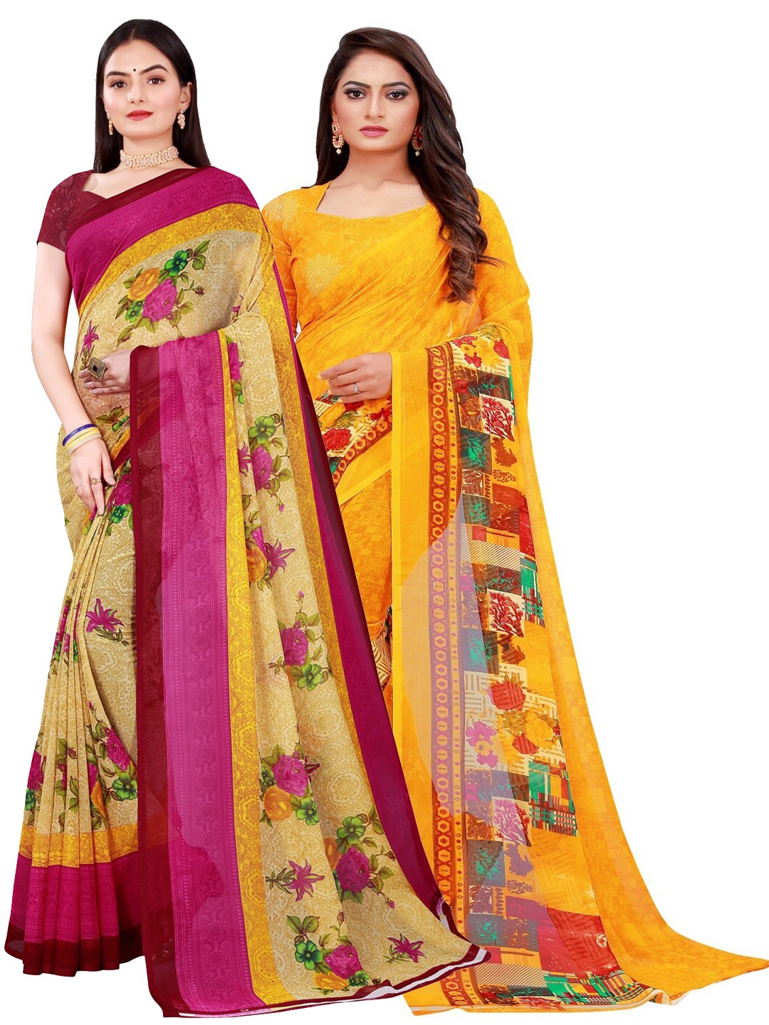 Florence Set Of 2 Beige & Yellow Floral Pure Georgette Saree