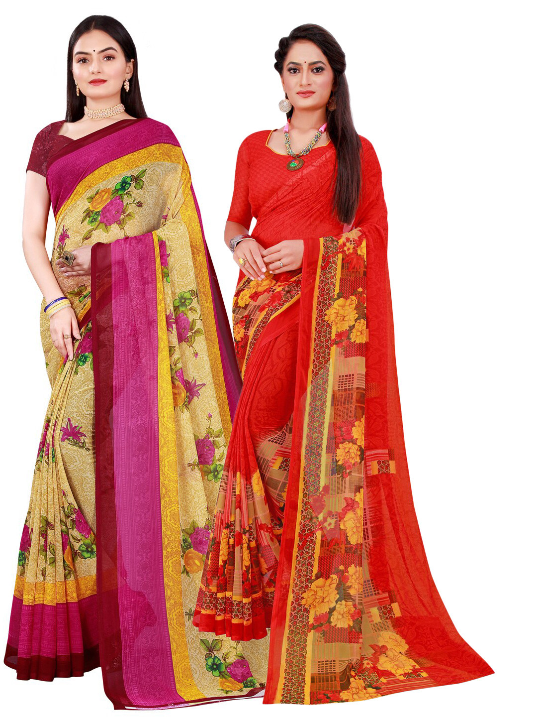

Florence Set Of 2 Beige & Red Floral Pure Georgette Saree