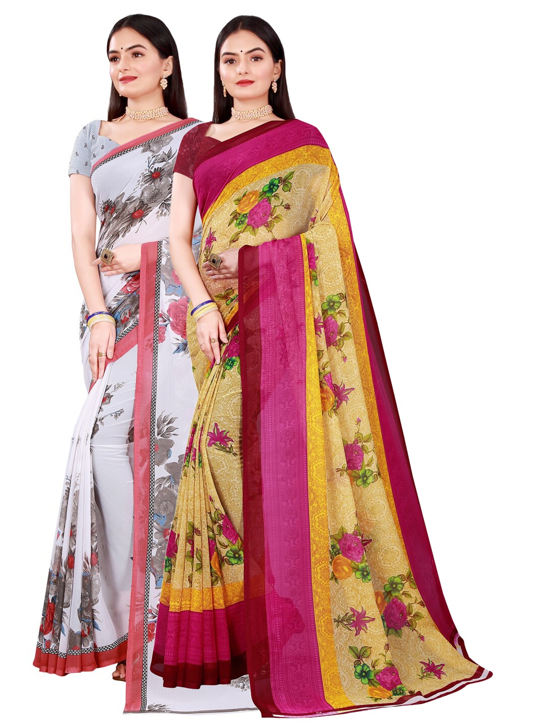 

Florence Set Of 2 Beige & White Floral Pure Georgette Saree