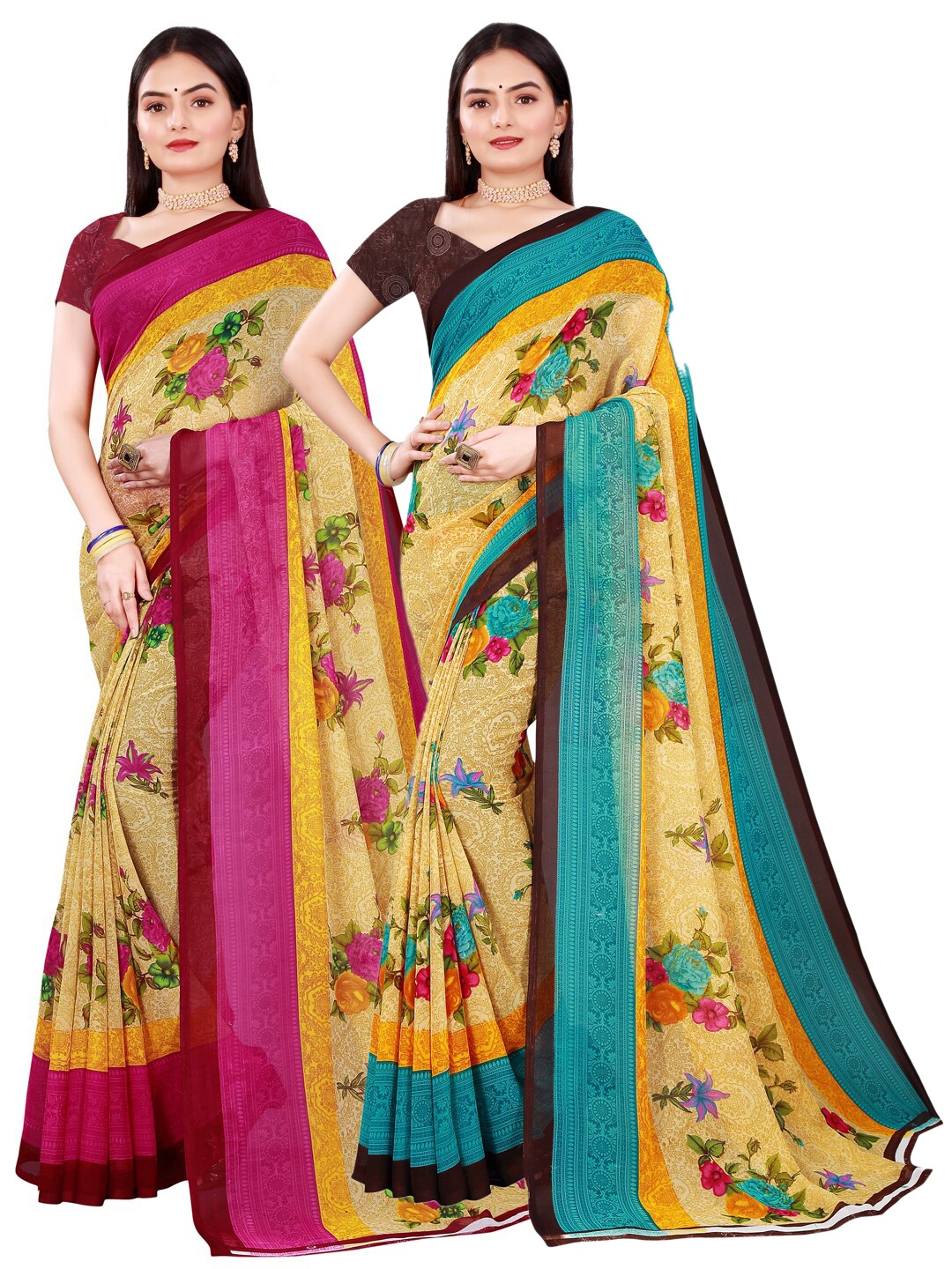 

Florence Beige & Blue Pure Printed Georgette Saree