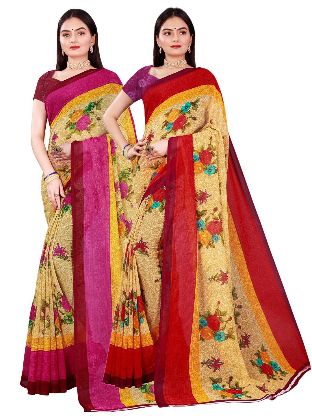 

Florence Beige & Pink Pure Printed Georgette Saree