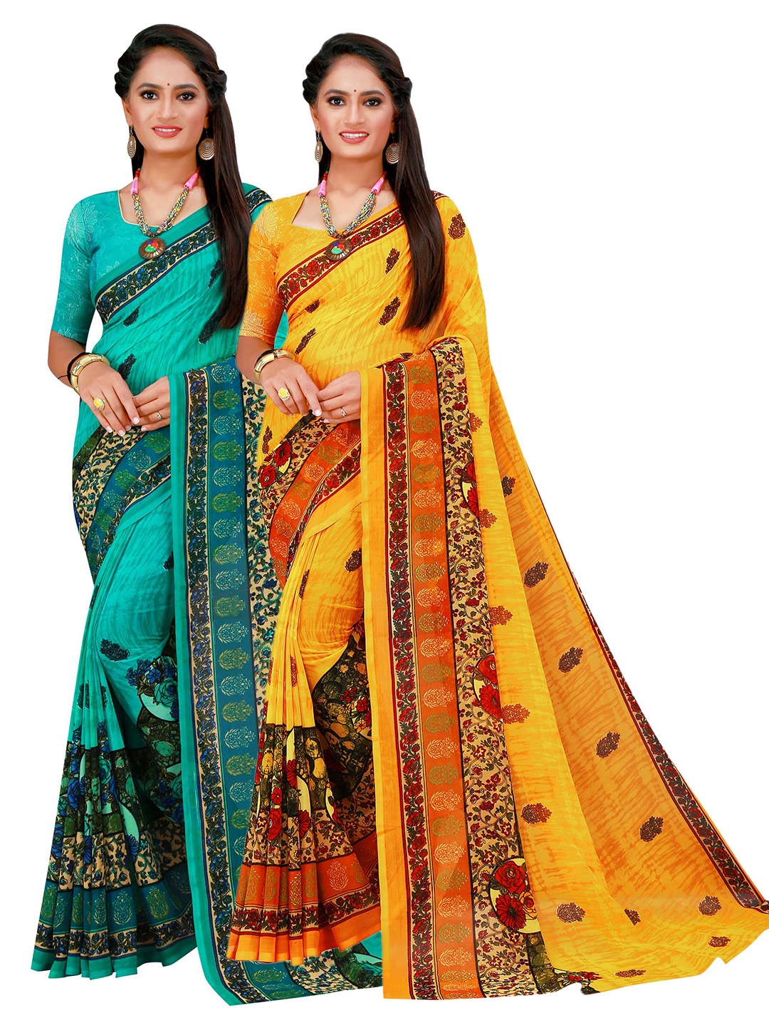 

KALINI Yellow & Green Pack of 2 Ethnic Motifs Printed Pure Georgette Saree