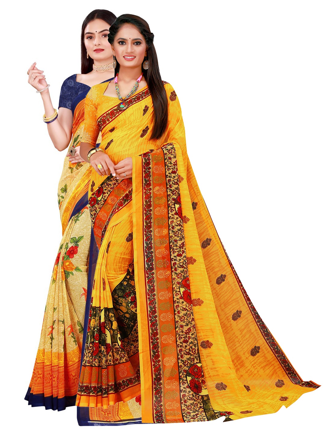 

KALINI Women Beige, Yellow Pack of 2 Pure Georgette Floral printed Saree