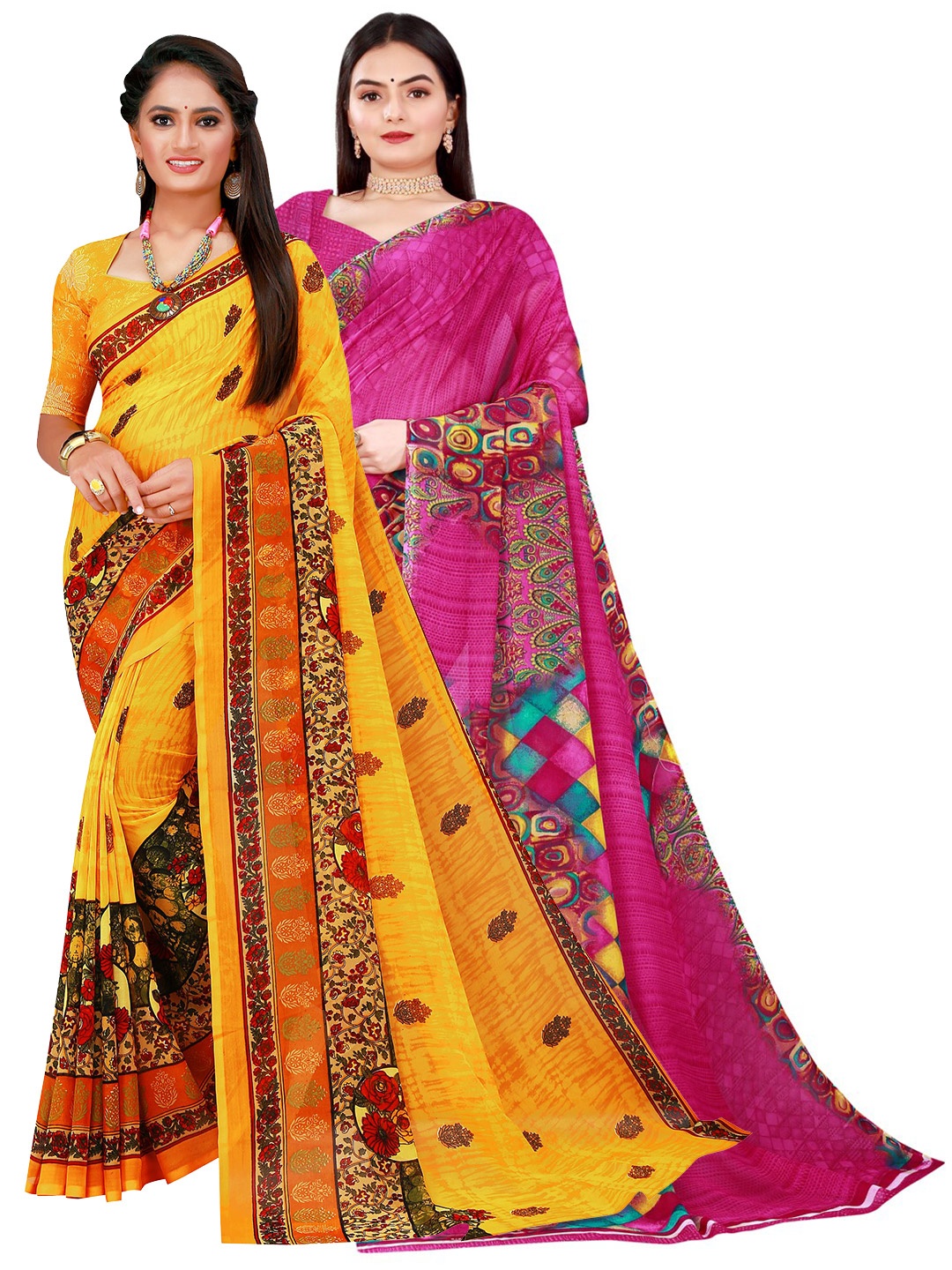 

KALINI Women Pack of 2 Magenta & Yellow Floral Printed Saree with Unstitched Blouse