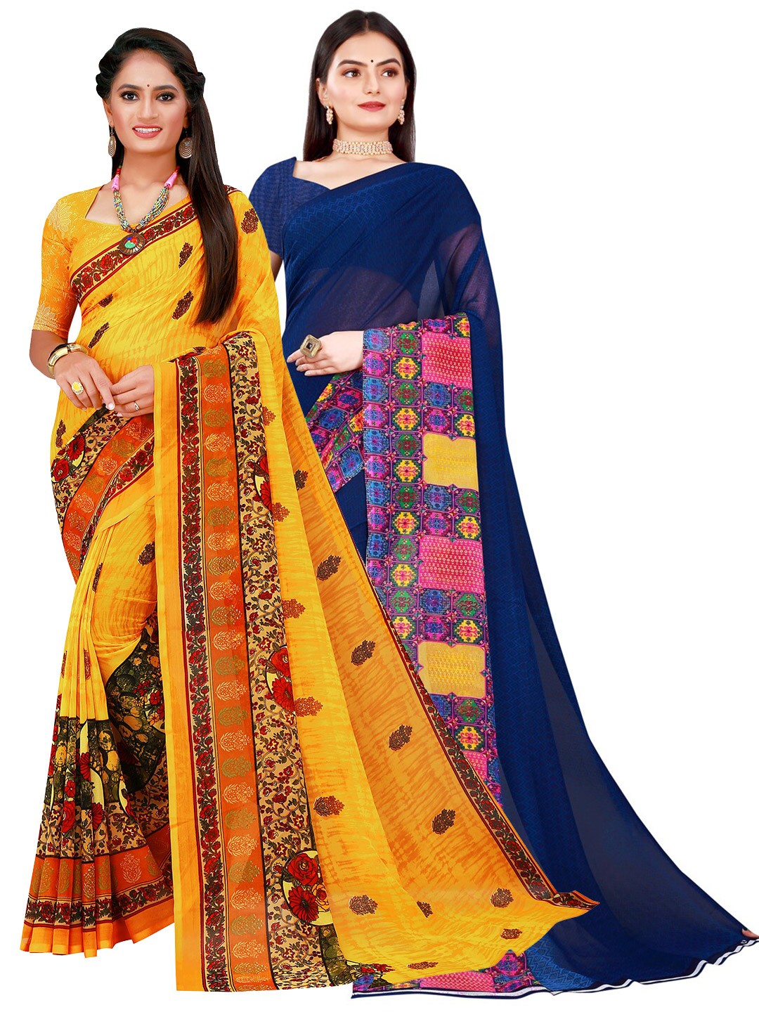 

KALINI Women Pack of 2 Yellow & Navy Blue Printed Pure Georgette Saree