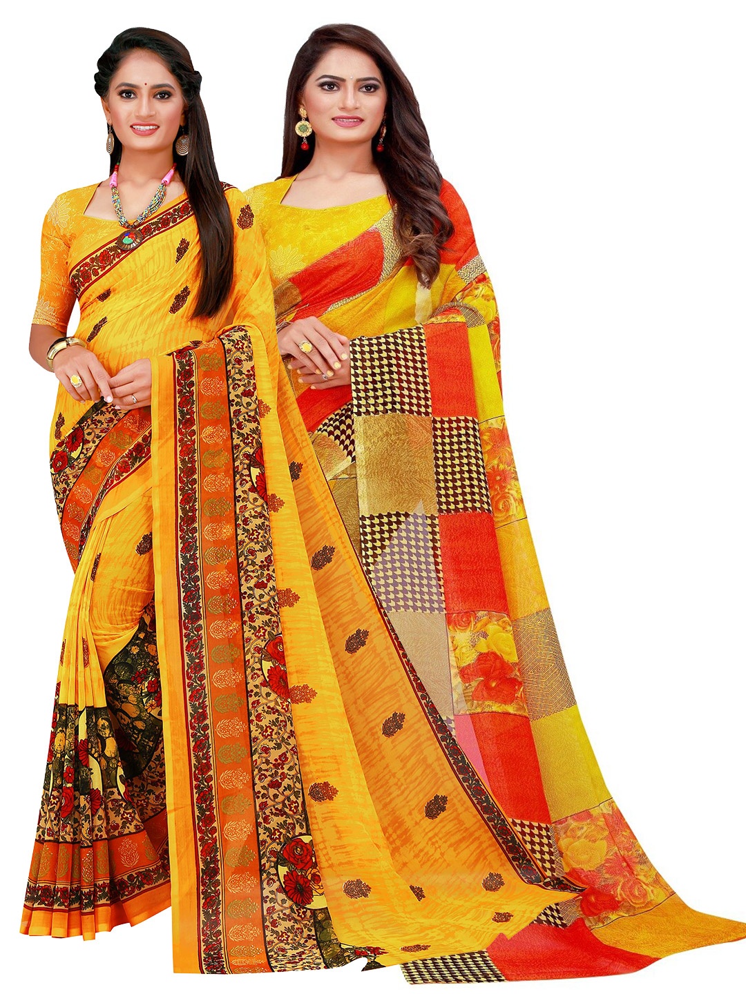 

KALINI Pack of 2 Yellow & Pink Pure Georgette Saree