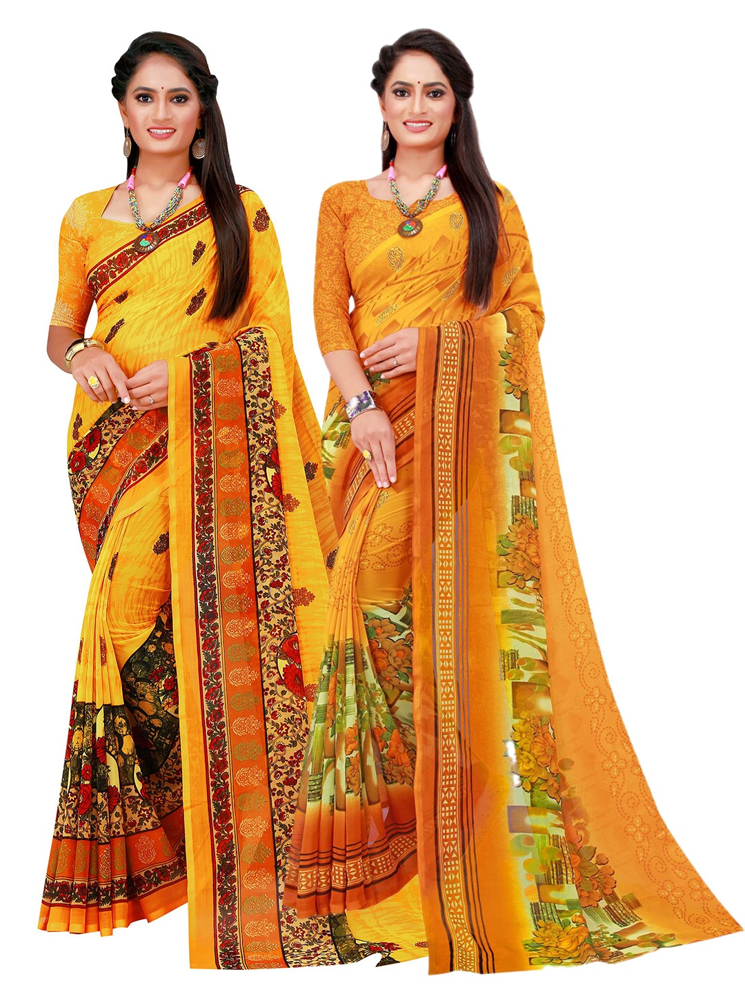 

KALINI Pack of 2 Yellow & Green Pure Georgette Saree