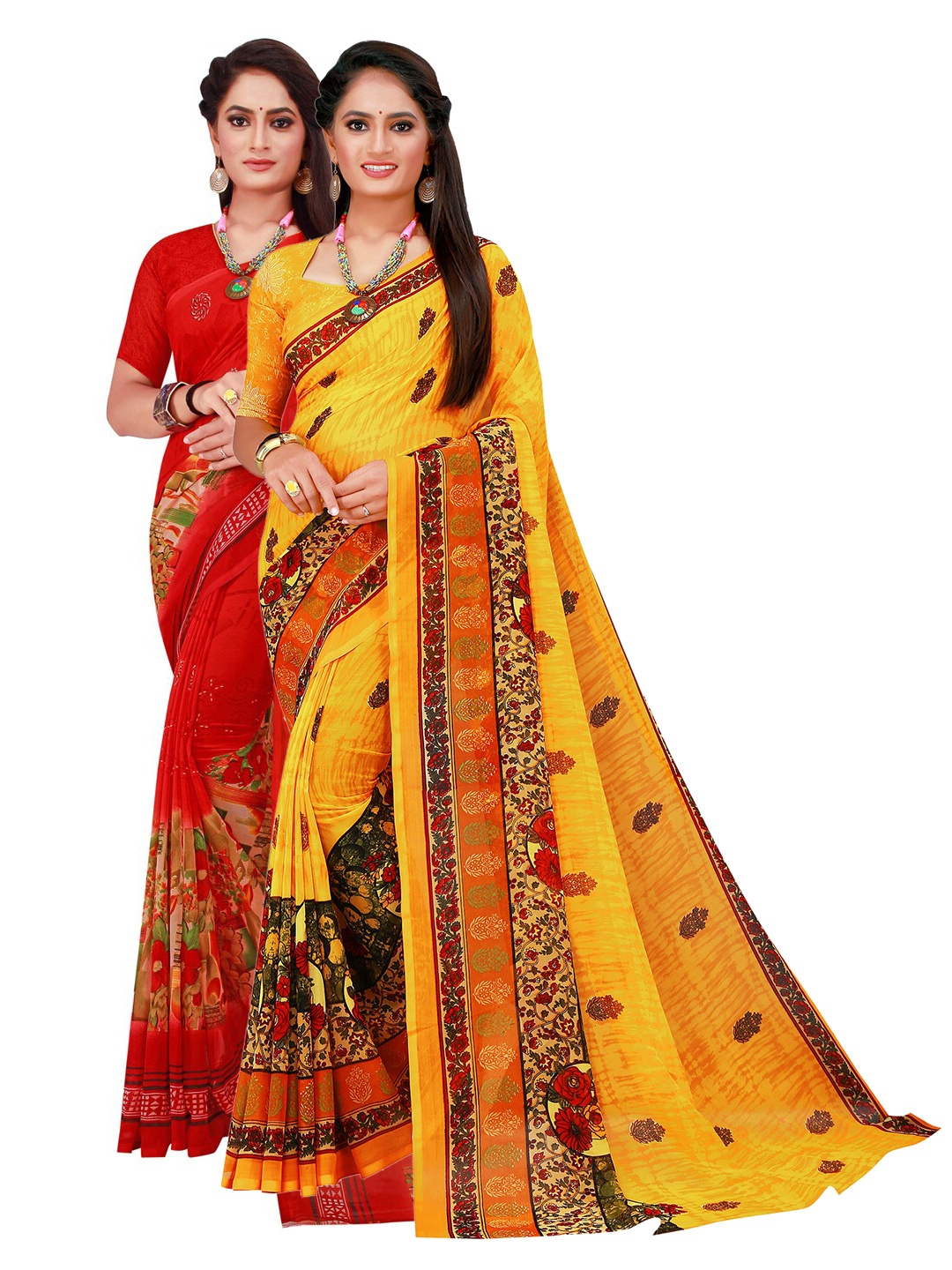 

KALINI Pack of 2 Yellow & Red Pure Georgette Saree