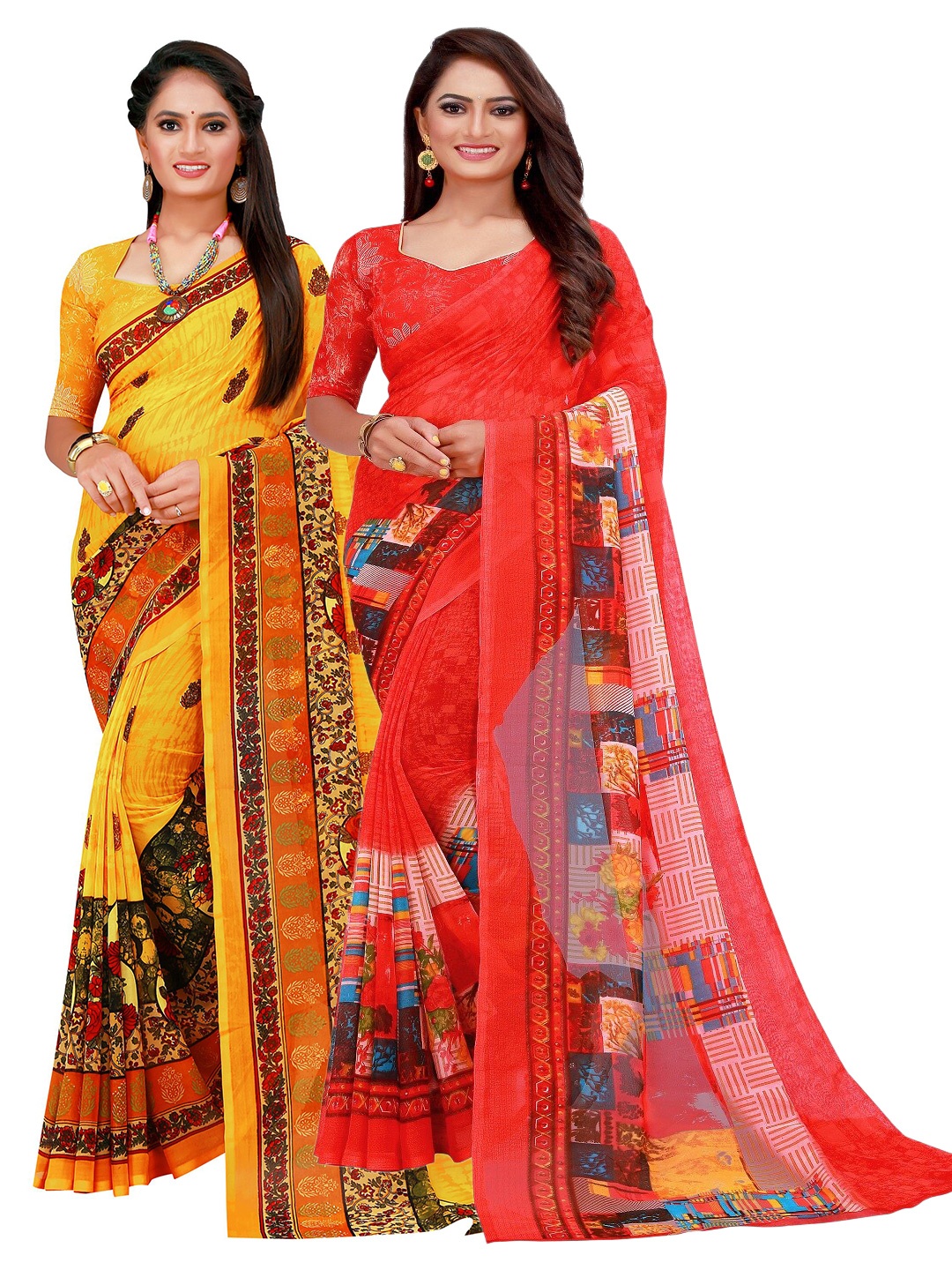

KALINI Yellow & Red Pure Georgette Saree