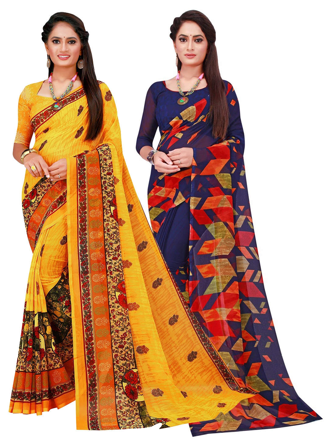 

KALINI Navy Blue & Yellow Pack Of 2 Printed Pure Georgette Saree