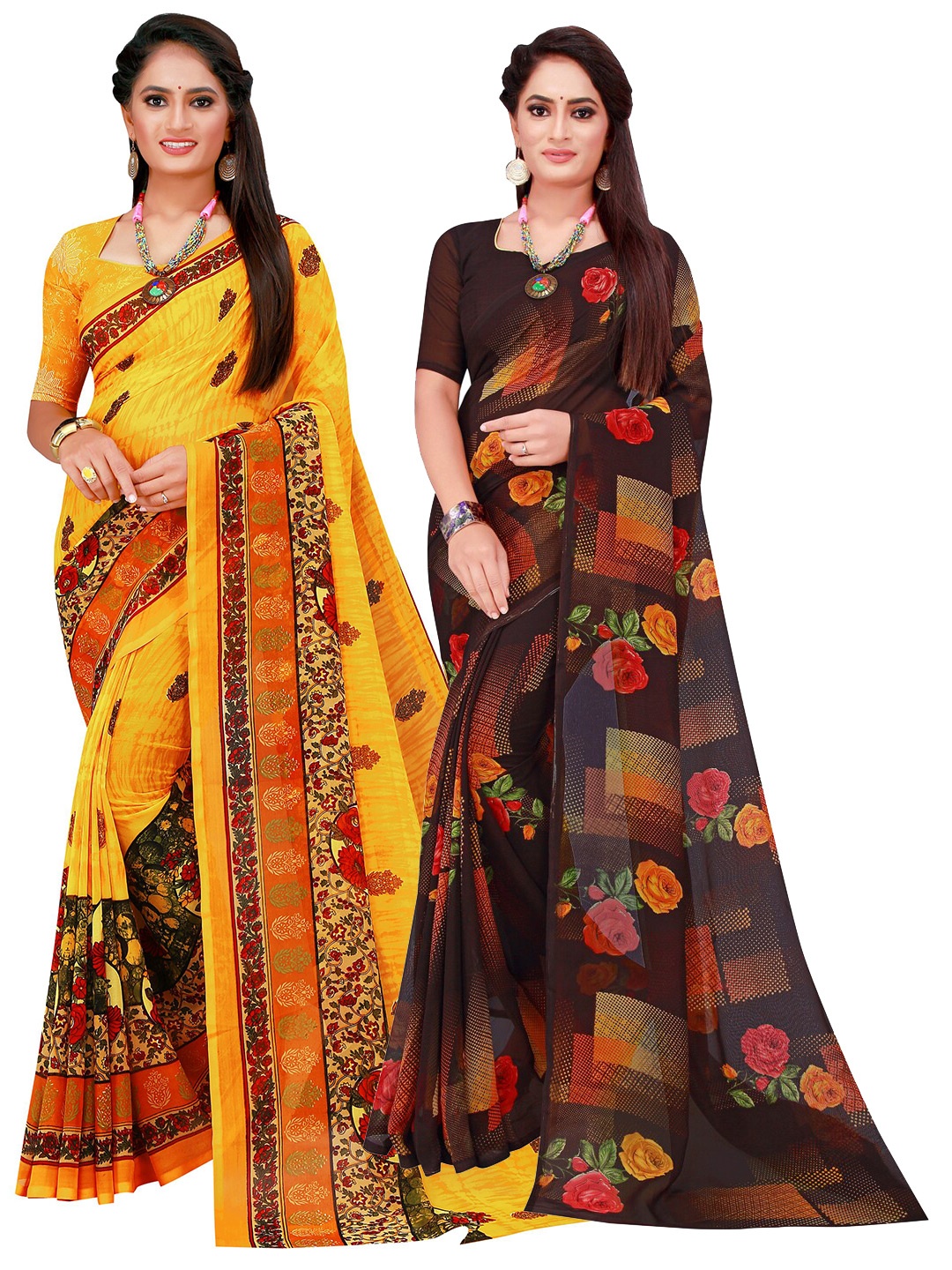 

KALINI Pack of 2 Printed Georgette Saree, Yellow