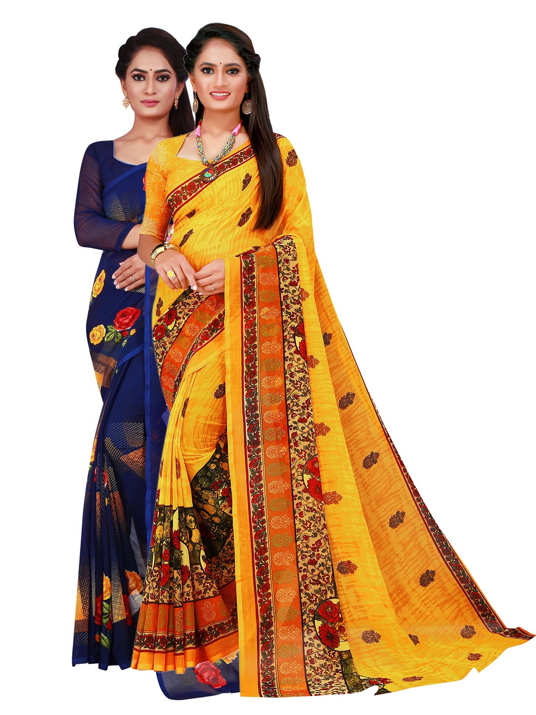 

KALINI Yellow & Navy Blue Pure Georgette Saree