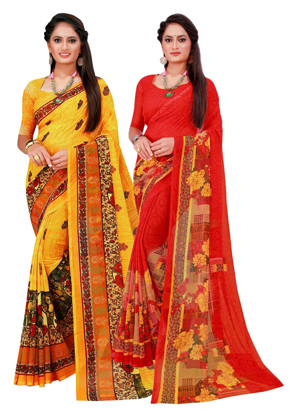 

KALINI Yellow & Red Set Of 2 Floral Pure Georgette Saree