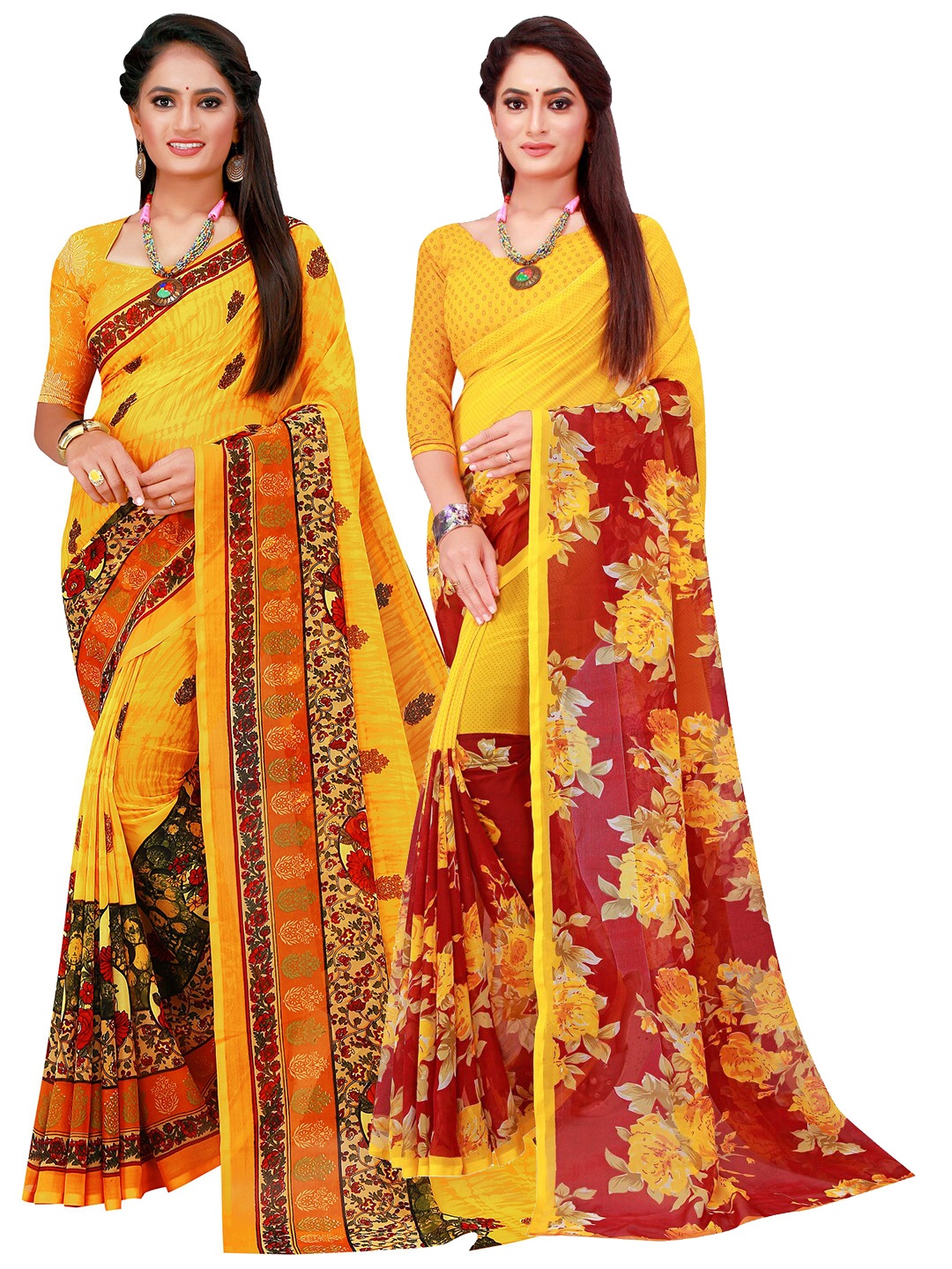

KALINI Yellow & Maroon Pack Of 2 Pure Georgette Saree