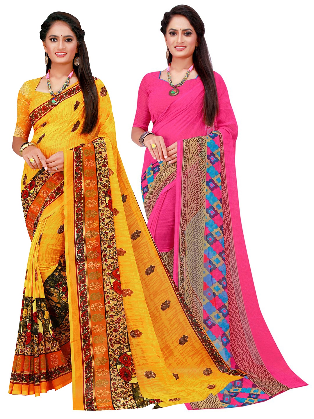 

KALINI Magenta & Yellow Pack Of 2 Pure Georgette Saree