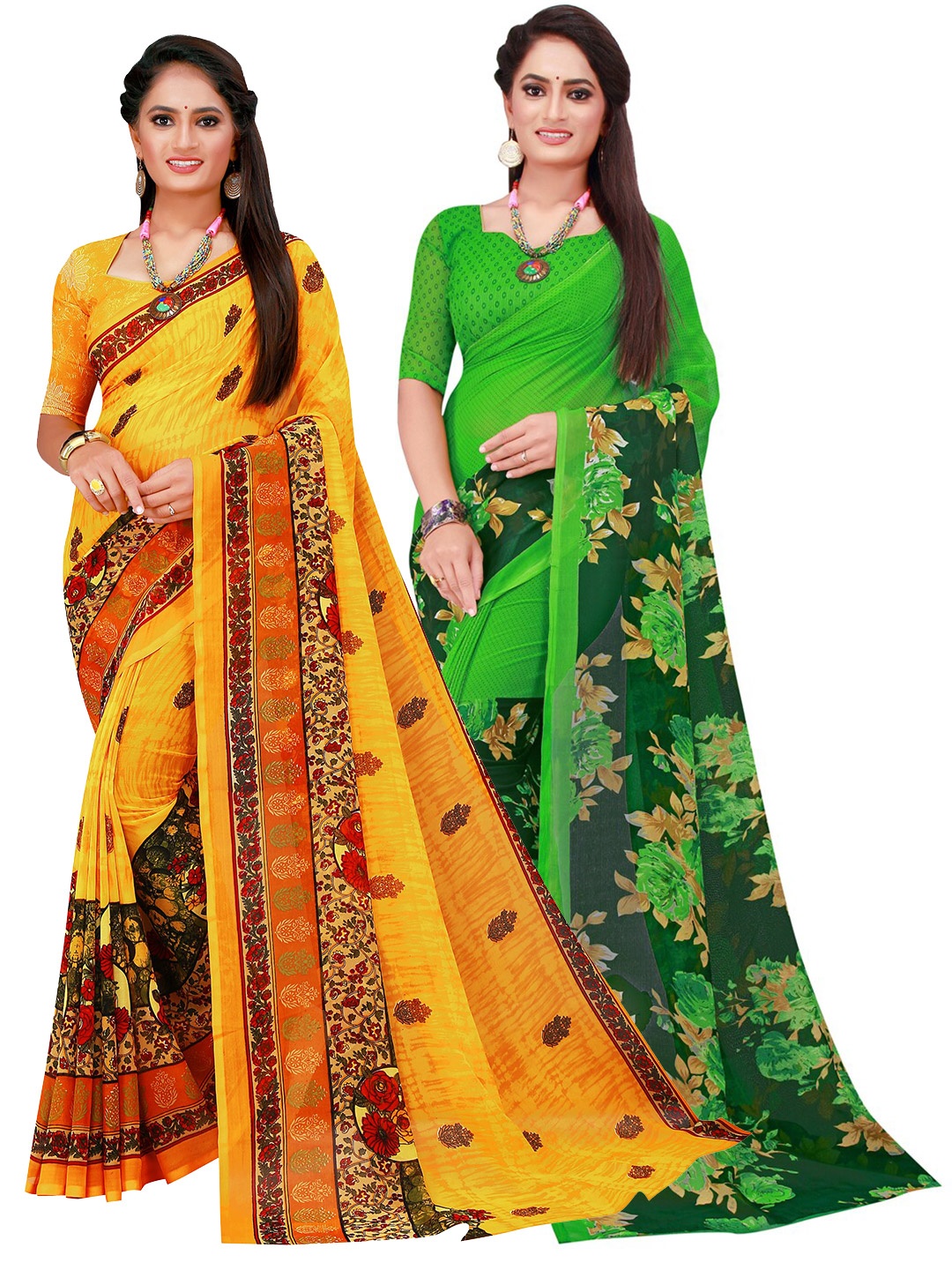 

KALINI Yellow & Green Pack Of 2 Pure Georgette Saree