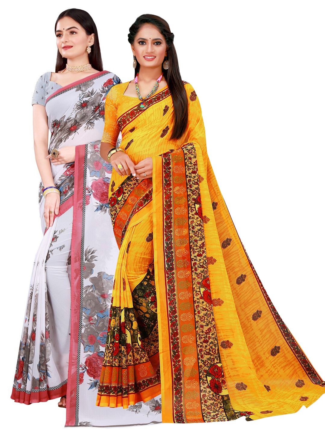 

KALINI Set Of 2 Yellow & Grey Floral Pure Georgette Saree