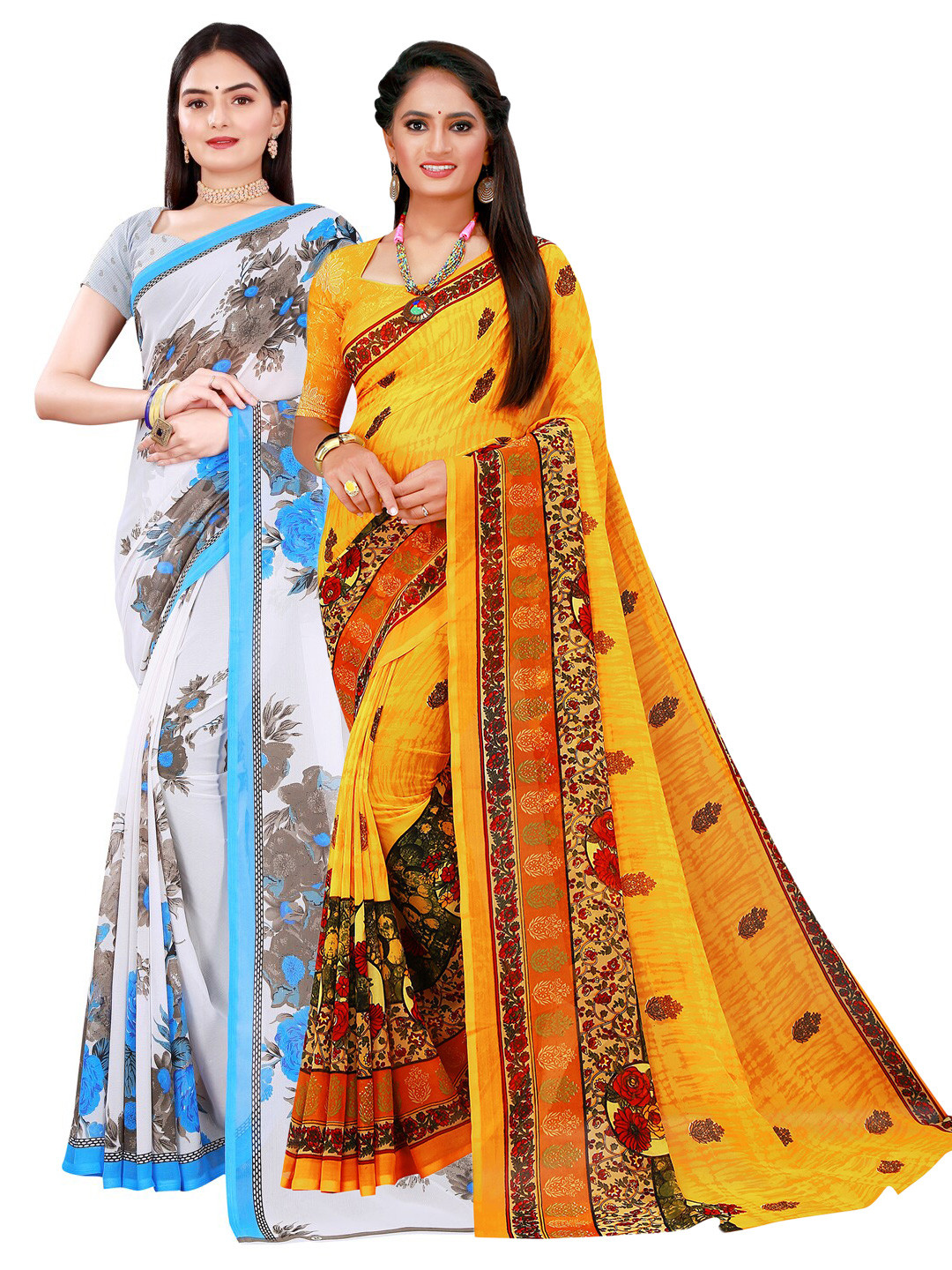 

KALINI Set Of 2 Yellow & White Floral Pure Georgette Saree