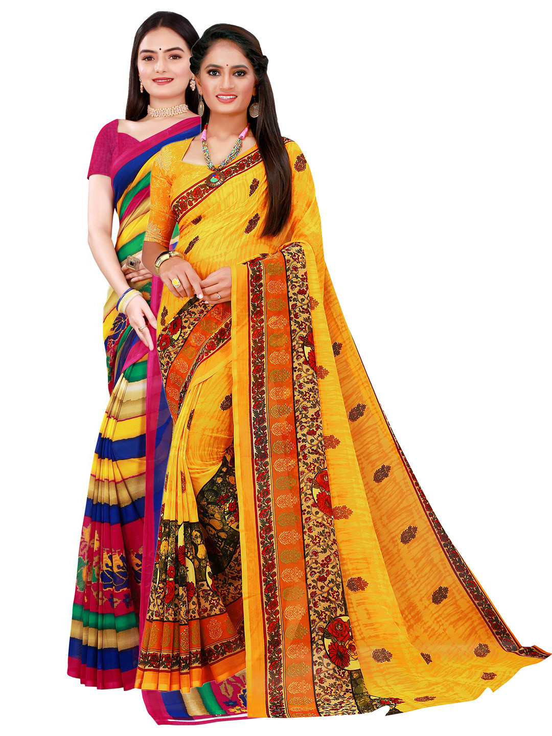 

KALINI Set Of 2 Yellow & Blue Ethnic Motifs Pure Georgette Saree