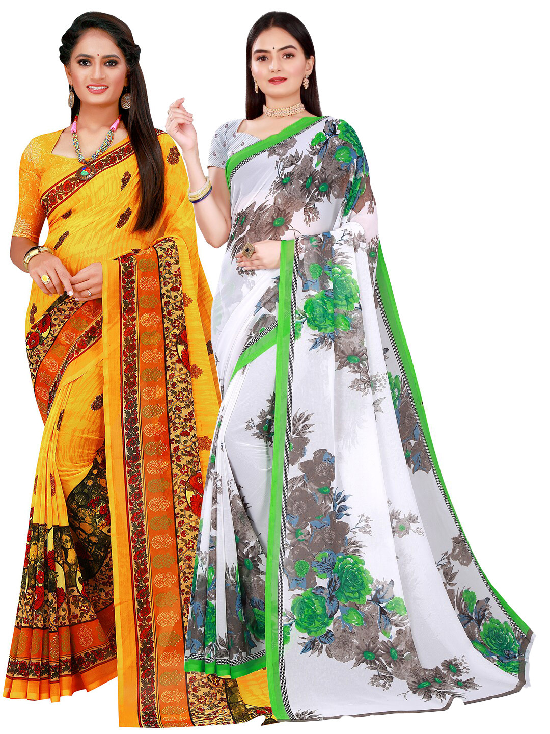 

KALINI Set Of 2 Yellow & White Floral Pure Georgette Saree