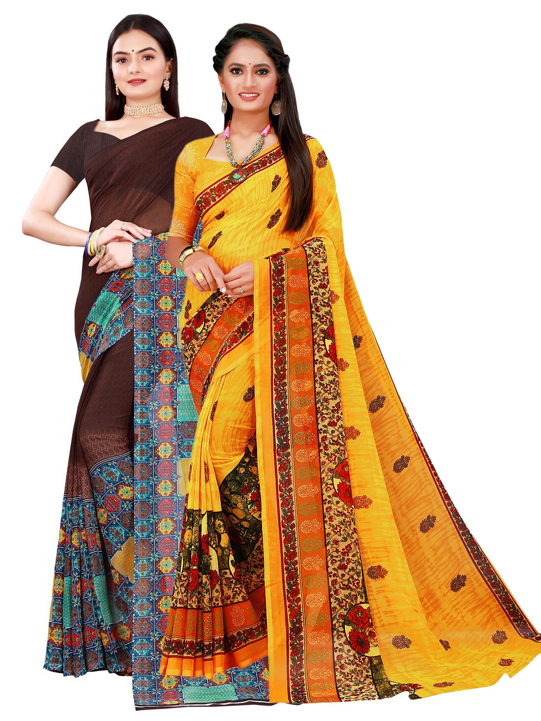 

KALINI Set Of 2Brown & Yellow Floral Pure Georgette Saree, Brown